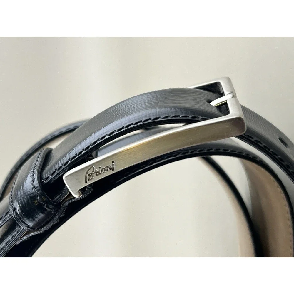 Brioni Black Leather Belt Men’s 40 Handmade in Italy Silver Brass Buckle Luxury